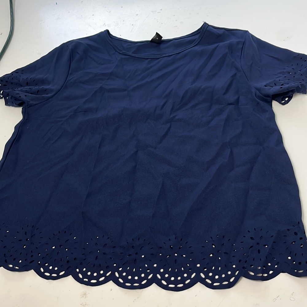 Shein Medium Navy Blue Short Sleeve Lettuce Edge Cut Out Blouse